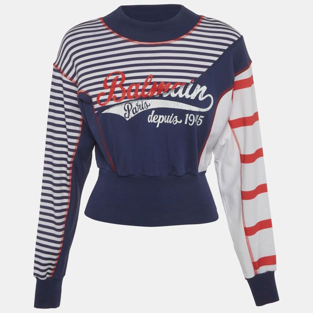 Balmain Blue/white Printed Cotton Crop Sweatshirt Xxs